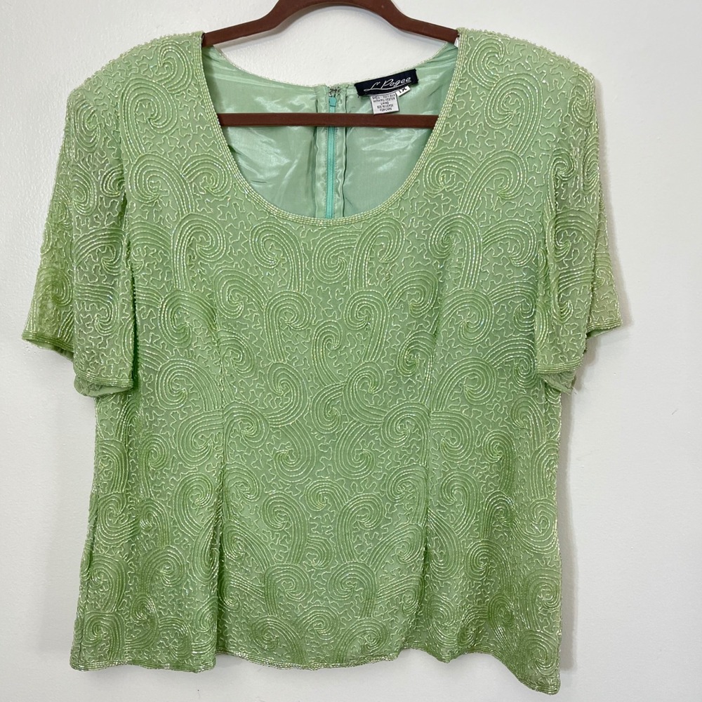 L'Pogee Beaded Silk Top Party Cocktail Blouse Green Embellished 1X‎